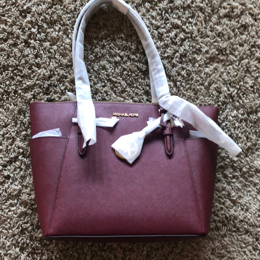 NWT Michael Kors Large Charlotte Tote Bag Luggage Leather Dark Cherry